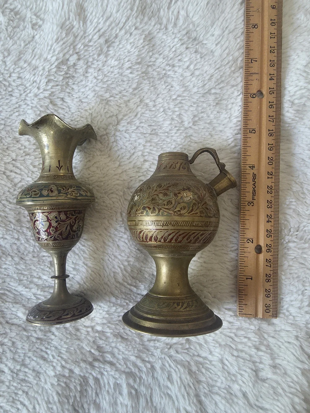 Vintage Brass Etched Bud Vase And Pitcher Set Engraved Floral Design